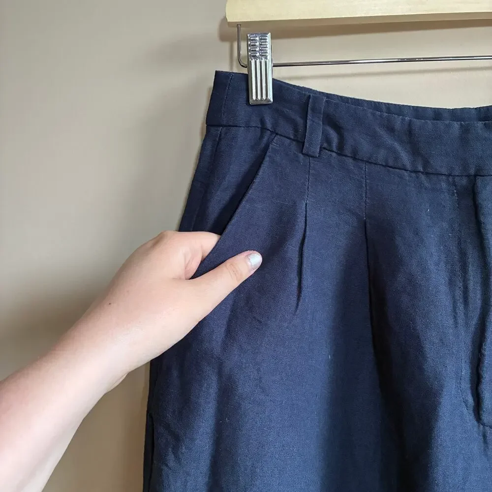 H&M linen blend navy wide leg trousers women's 6 pockets casual missing button